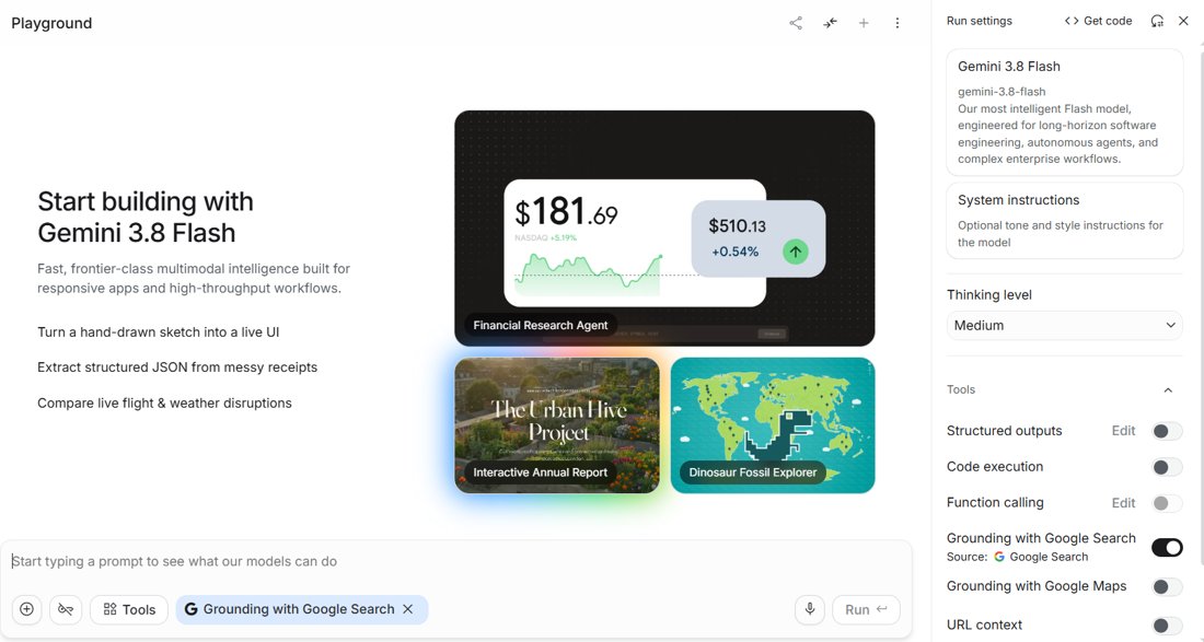 Google AI Studio playground with Gemini 3.8 Flash selected, system instructions, thinking level and tools such as Grounding with Google Search on the right