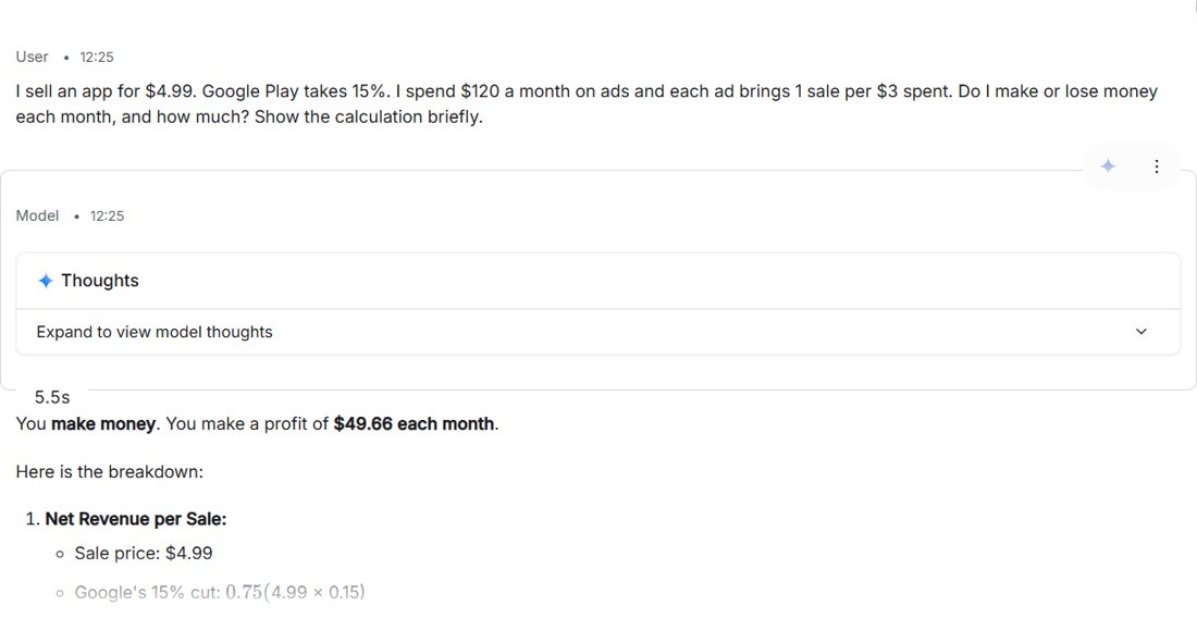 Google AI Studio answer: You make money, a profit of 49.66 dollars each month, with the net revenue per sale calculation