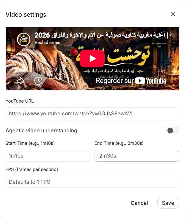 Google AI Studio video settings for a YouTube link with start time 1m10s, end time 2m30s and frames per second