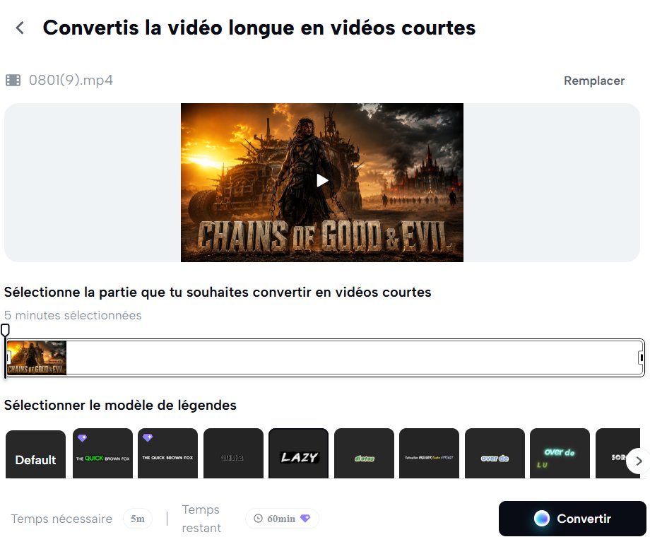 CapCut long video to shorts tool with a five-minute selection, caption templates and a 60-minute free monthly allowance