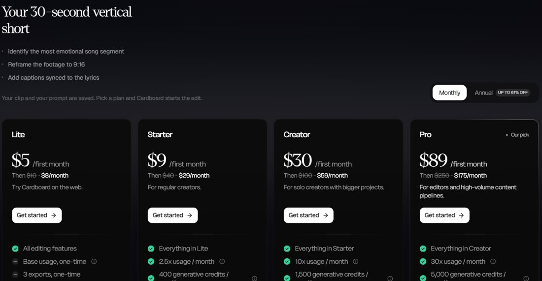 Cardboard pricing page shown before editing