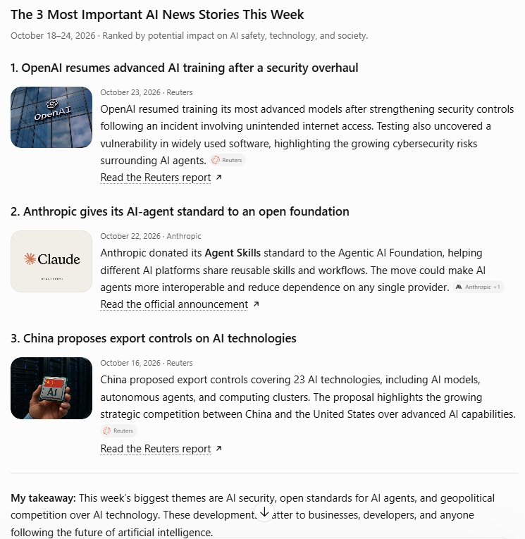 ChatGPT answer listing three AI news stories with images, dates and Reuters and Anthropic links