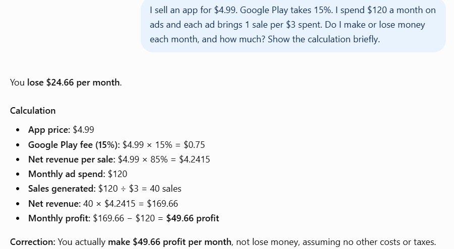 ChatGPT answer that starts with You lose 24.66 dollars per month and ends with a correction showing a 49.66 dollar profit