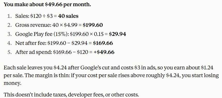 Claude answer showing a 49.66 dollar monthly profit with a five-step calculation and margin advice