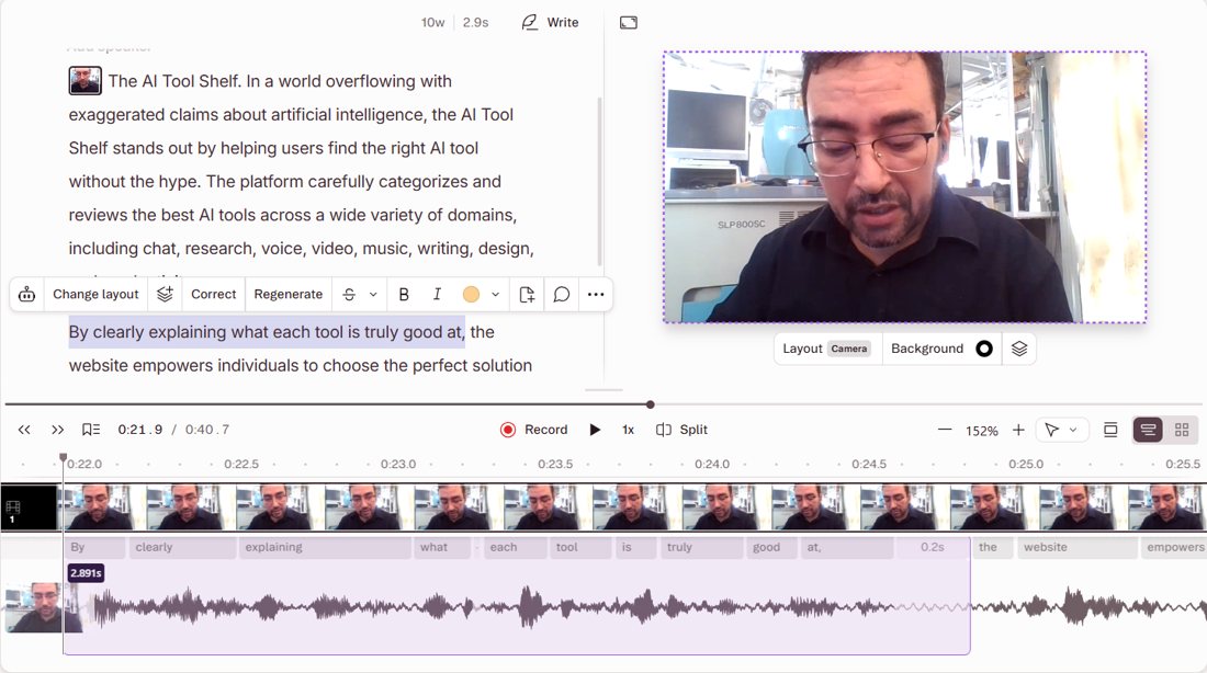 A sentence selected in the Descript transcript, highlighted on the timeline as 2.9 seconds of video, with an editing toolbar