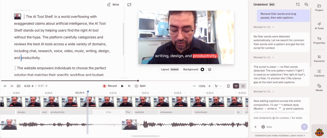 Descript Underlord panel explaining that no filler words were found, that right is an adjective, shortening a silence and adding captions, with captions on the video