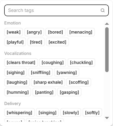 ElevenLabs audio tags menu with emotion, vocalization and delivery tags such as excited, laughing, whispering and singing