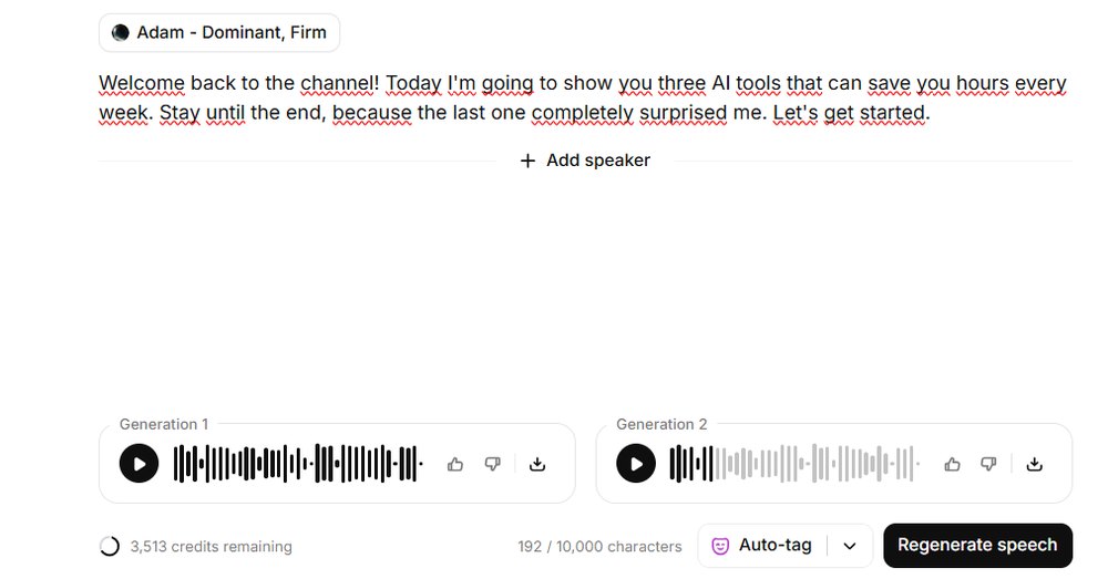 ElevenLabs Text to Speech with the test script, voice Adam Dominant Firm and two generated versions side by side