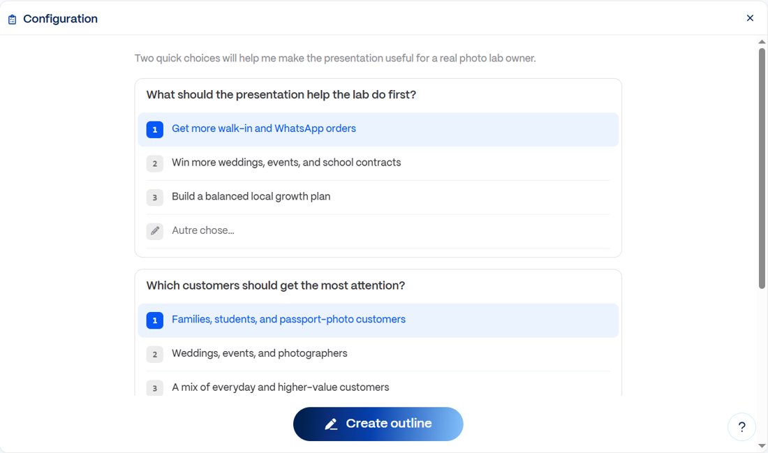 Gamma agent configuration form asking what the presentation should help the lab do first and which customers should get the most attention