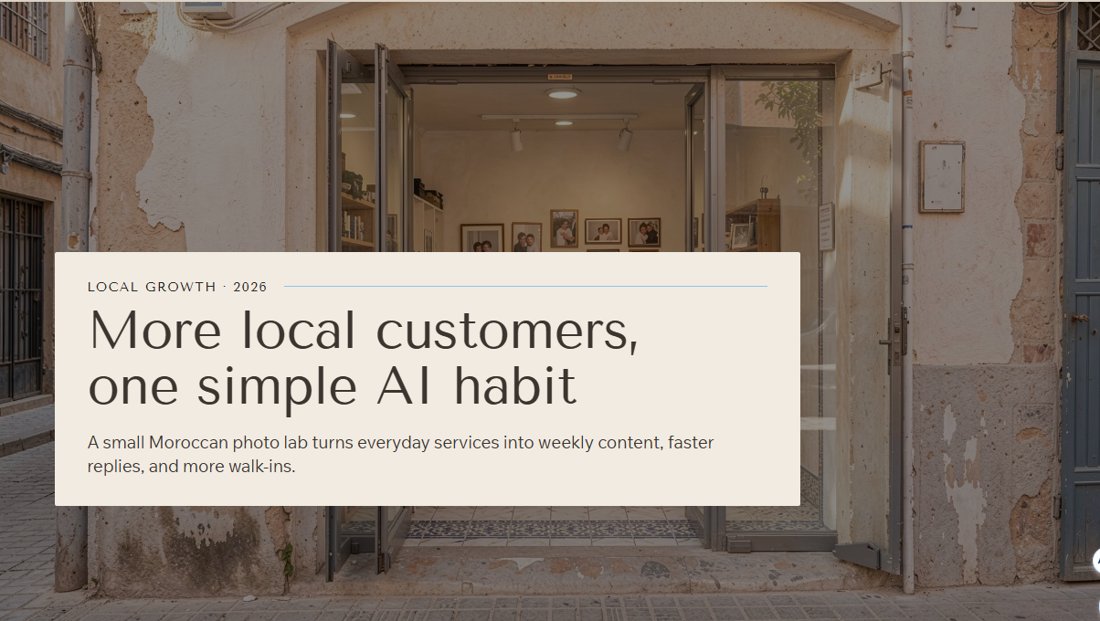 Gamma cover slide titled More local customers, one simple AI habit over an AI-generated photo of a photo lab storefront in an old Moroccan street