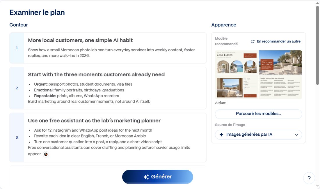 Gamma outline review with eight slide summaries on the left and the recommended Atrium template and AI-generated images option on the right