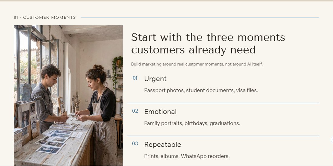 Gamma slide about three customer moments: urgent, emotional and repeatable, next to an AI image of two people sorting printed photos