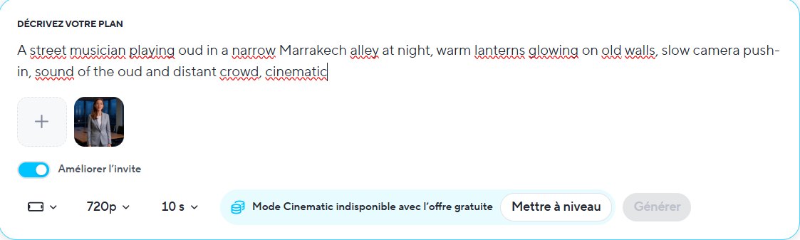 HeyGen app Cinematic mode with a scene description and a message saying Cinematic mode is unavailable on the free plan