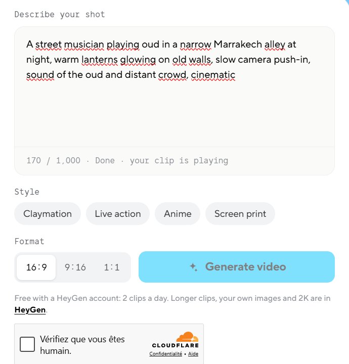 HeyGen Video playground with a shot description, style options Claymation, Live action, Anime and Screen print, format options and the note Free with a HeyGen account: 2 clips a day
