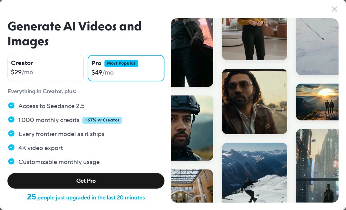 HeyGen upgrade window with Creator at 29 dollars a month and Pro at 49 dollars a month, listing Seedance 2.5, 1000 monthly credits and 4K export