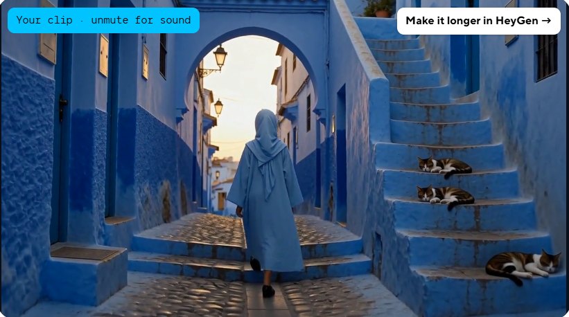 Frame from a HeyGen Video clip: a girl in a light blue djellaba walking through a blue Chefchaouen street toward a sunlit archway, with three cats sleeping on the stairs