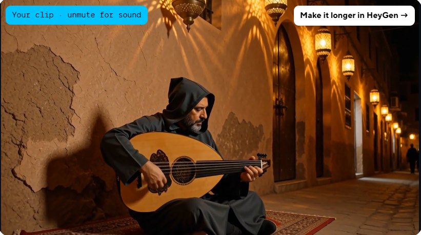 Frame from a HeyGen Video clip: a hooded musician playing an oud on a rug in a Marrakech alley lit by brass lanterns at night