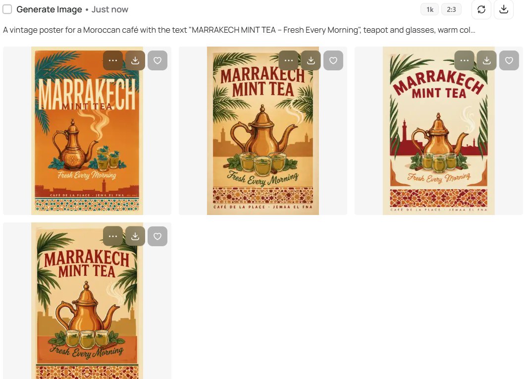 Four Ideogram vintage posters with the text Marrakech Mint Tea and Fresh Every Morning, a Moroccan teapot, glasses of tea, palm leaves and zellige borders