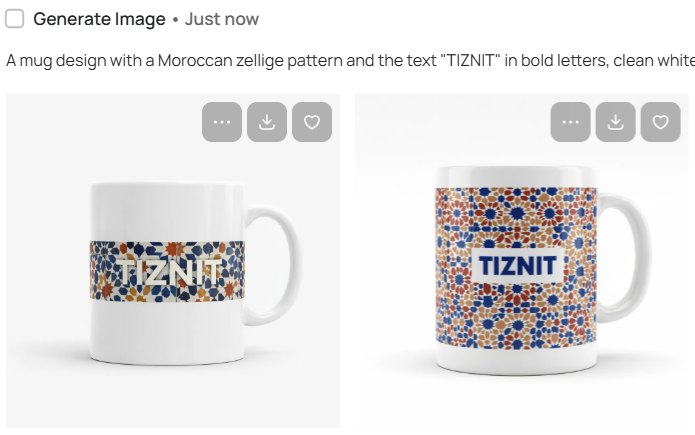 Two white mugs generated by Ideogram with a colourful Moroccan zellige pattern and the word TIZNIT