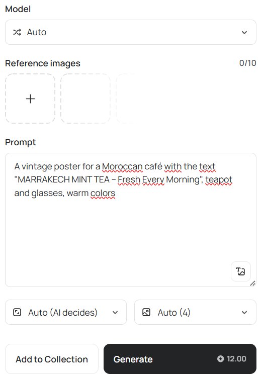 Ideogram Generate Image panel with the model set to Auto, reference images, the prompt box, Auto aspect ratio, 4 images and a Generate button costing 12 credits