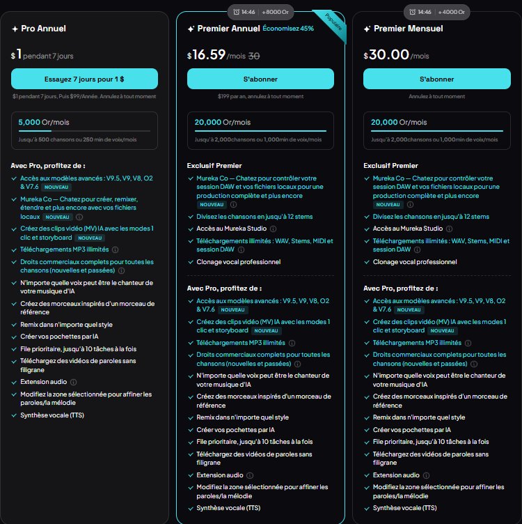 Mureka pricing: Pro yearly with a 1 dollar 7-day trial, Premier yearly at 16.59 dollars a month and Premier monthly at 30 dollars