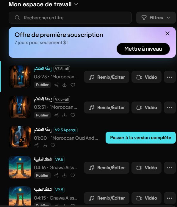 Mureka workspace with Moroccan oud and gnawa tracks, model versions V7.5 and V9.5, and Remix, Edit and Video buttons
