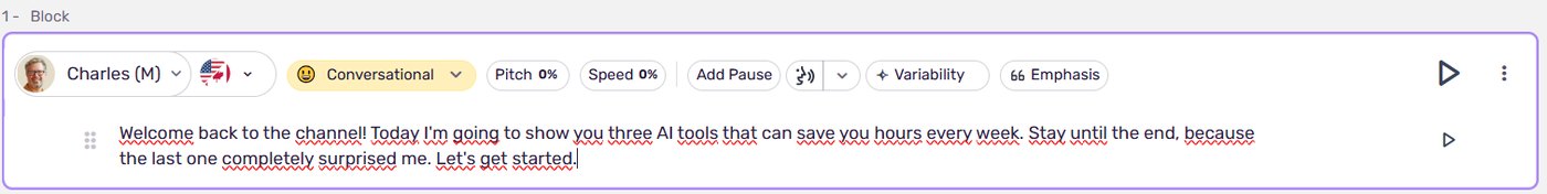 Murf AI studio block with voice Charles, Conversational style, pitch, speed, pause, variability and emphasis controls above the test script
