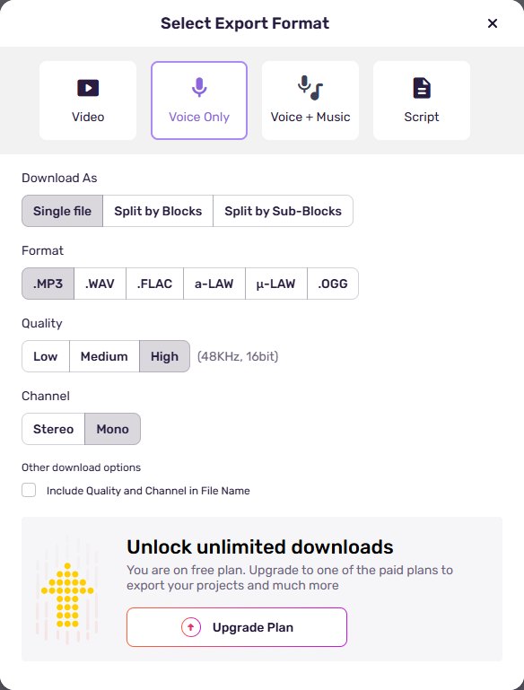Murf AI Select Export Format window with voice only, MP3, quality and channel options and an Unlock unlimited downloads upgrade message for the free plan