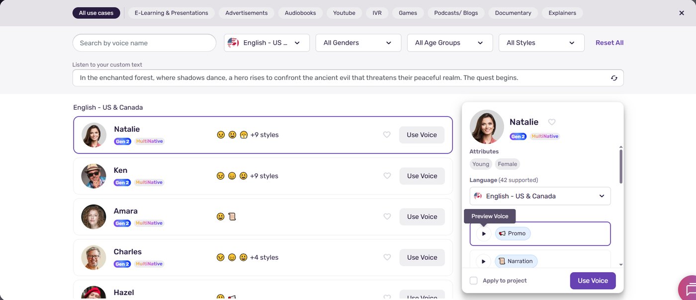 Murf AI voice library filtered to English US and Canada with voices Natalie, Ken, Amara and Charles, and filters by use case, gender, age and style