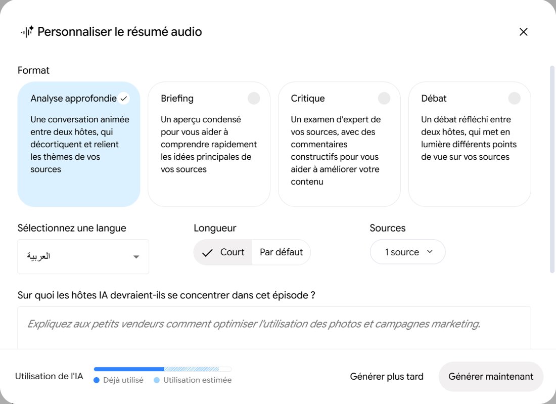 Gemini Notebook audio overview settings with the formats Deep Dive, Brief, Critique and Debate, the language set to Arabic, Short length and a focus prompt