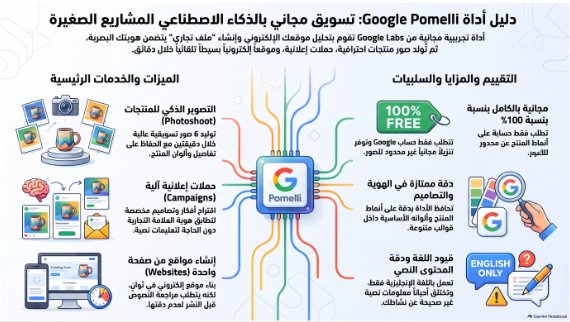 Arabic infographic generated by Gemini Notebook summarising Google Pomelli's features, pros and cons