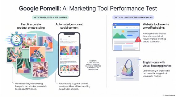 English infographic titled Google Pomelli: AI Marketing Tool Performance Test with strengths and limitations