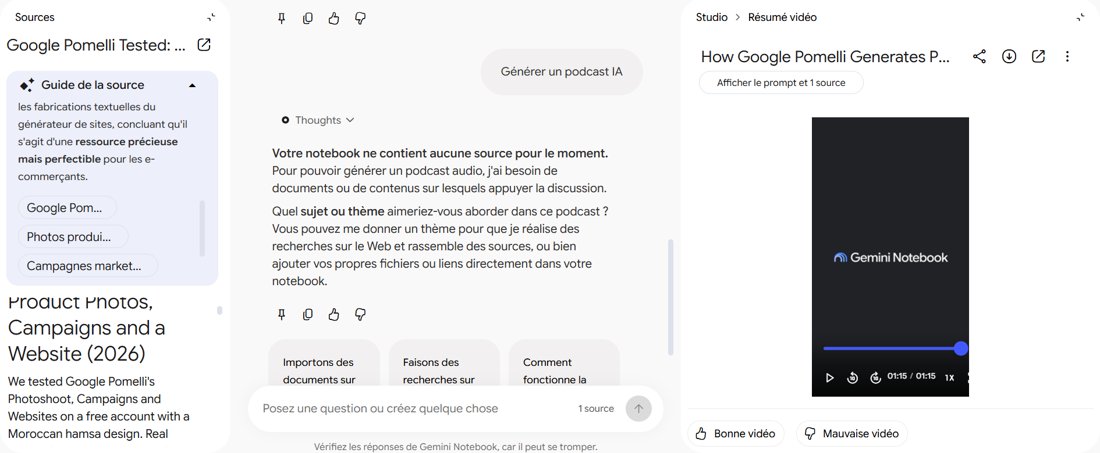 Gemini Notebook with our Pomelli article as the only source, an automatic source guide on the left and a 1 minute 15 second video overview on the right