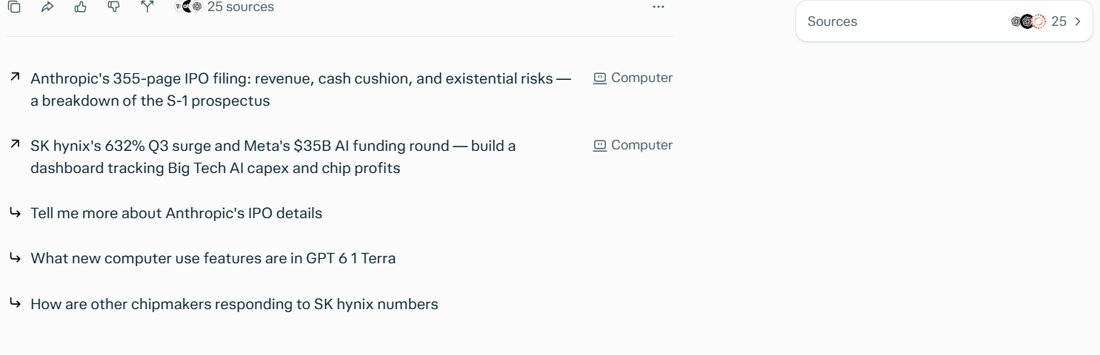 Perplexity answer listing this week's AI news with a date and a Wall Street Journal source, and a counter showing 25 sources