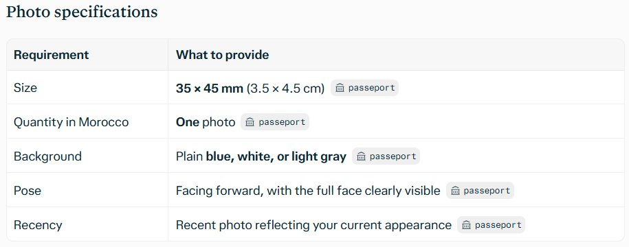 Perplexity answer about Moroccan passport documents and a 35 by 45 millimetre photo, with source tags