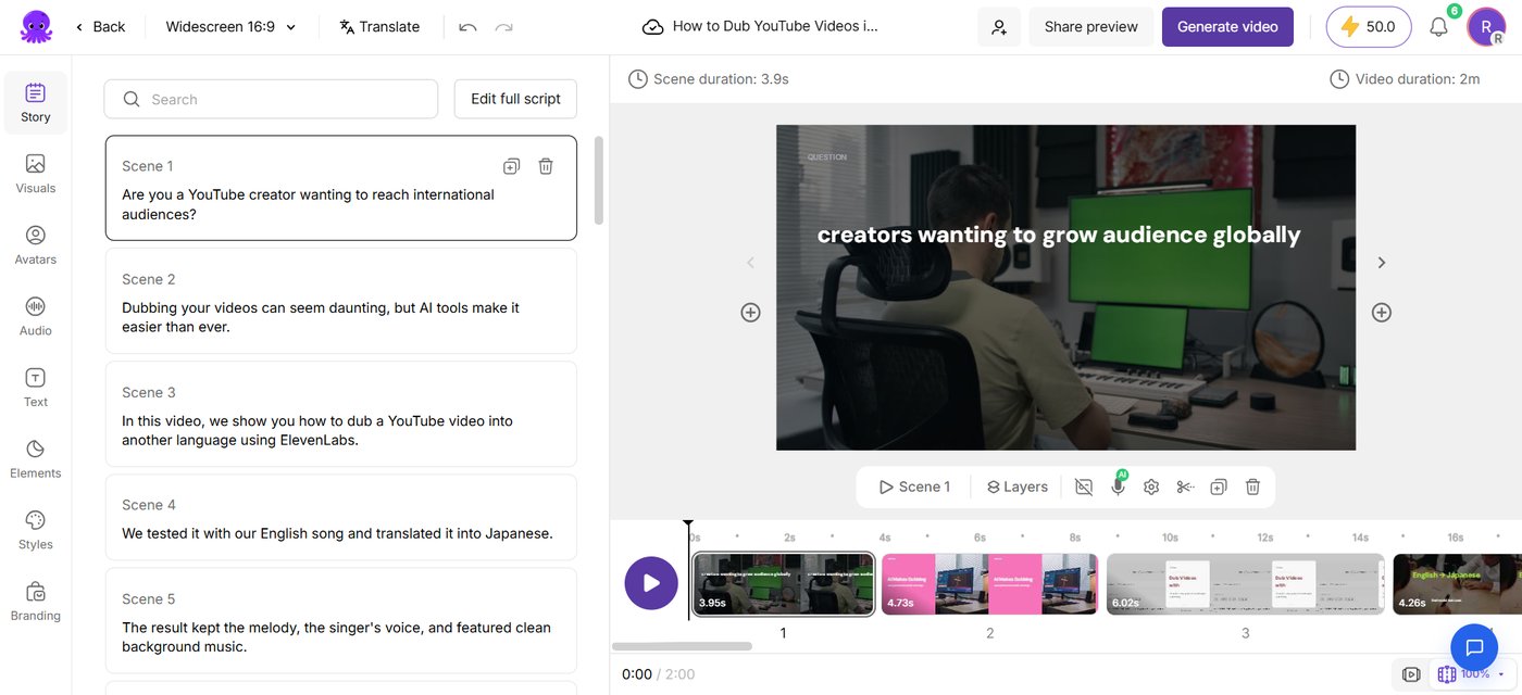 Pictory storyboard editor with the list of scenes on the left, a stock video of a creator at a desk in the preview and the scene timeline below