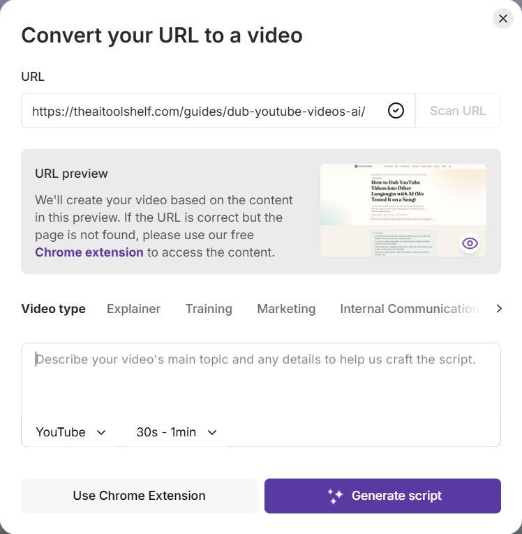 Pictory Convert your URL to a video window with the article link, URL preview, video type options and the Generate script button