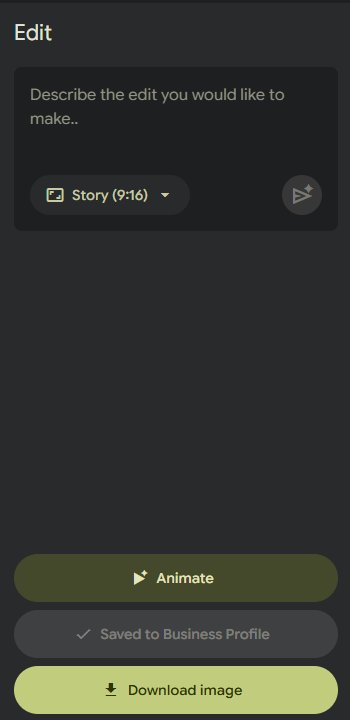 Pomelli edit panel with a text box to describe an edit, a format menu, and Animate, Saved to Business Profile and Download image buttons