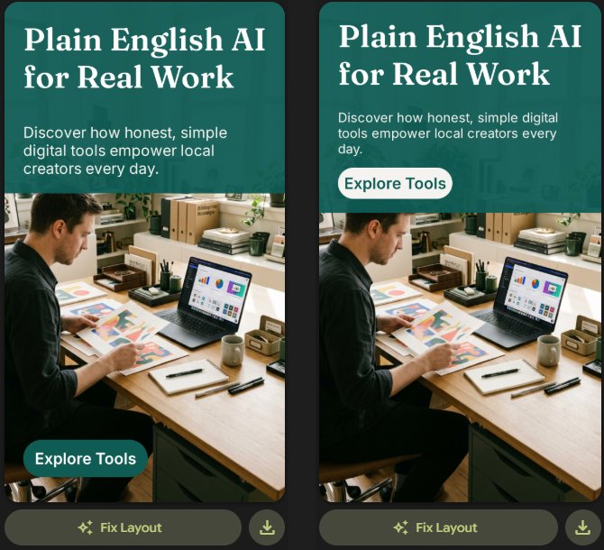 Two versions of a Pomelli campaign story, Plain English AI for Real Work: before Fix Layout with the button over the photo and after with the button under the text