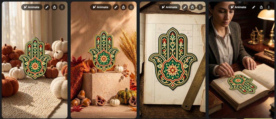 Four Pomelli Photoshoot results of a green, red and gold Moroccan hamsa design: among autumn pumpkins, on a stone block with wheat, on an old ledger with a ruler, and printed in a book a woman is reading