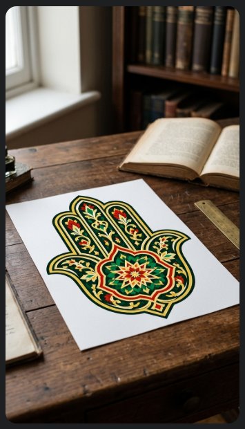 Pomelli result showing the hamsa design printed on white paper on a wooden desk next to an open book and a brass ruler
