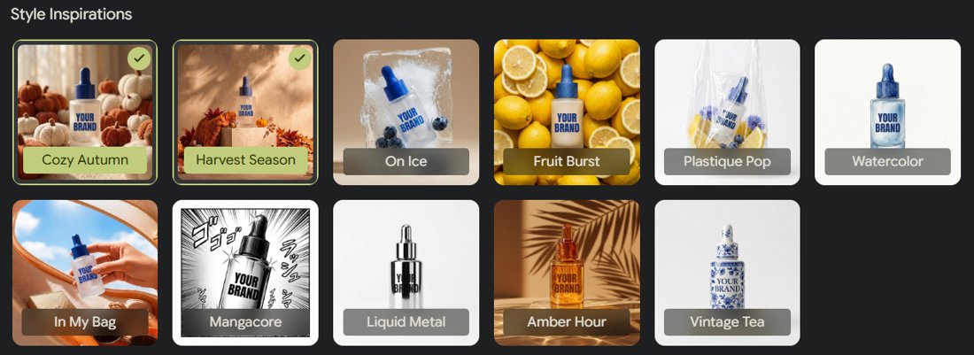 Pomelli Photoshoot Style Inspirations templates: Cozy Autumn, Harvest Season, On Ice, Fruit Burst, Plastique Pop, Watercolor, In My Bag, Mangacore, Liquid Metal, Amber Hour and Vintage Tea