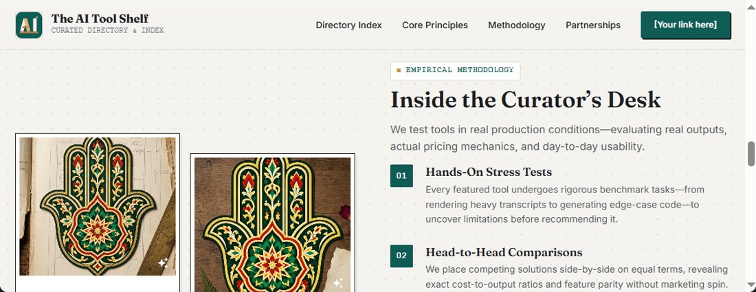 Pomelli generated website for The AI Tool Shelf with the section Inside the Curator's Desk, the hamsa product photos and claims about hands-on stress tests