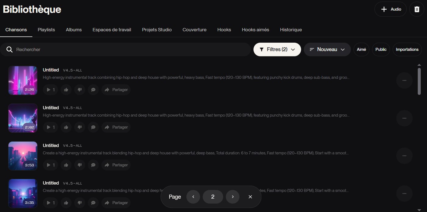 Suno library with four instrumental tracks combining hip-hop and deep house, model v4.5, between 2 and 4 minutes long