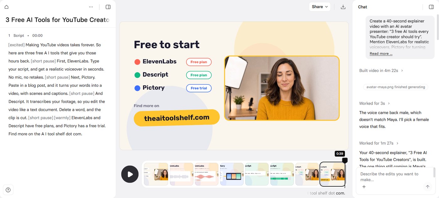 Synthesia editor with the generated script and delivery tags on the left, the closing scene with an AI avatar and theaitoolshelf.com banner in the centre, and the Syren chat panel on the right