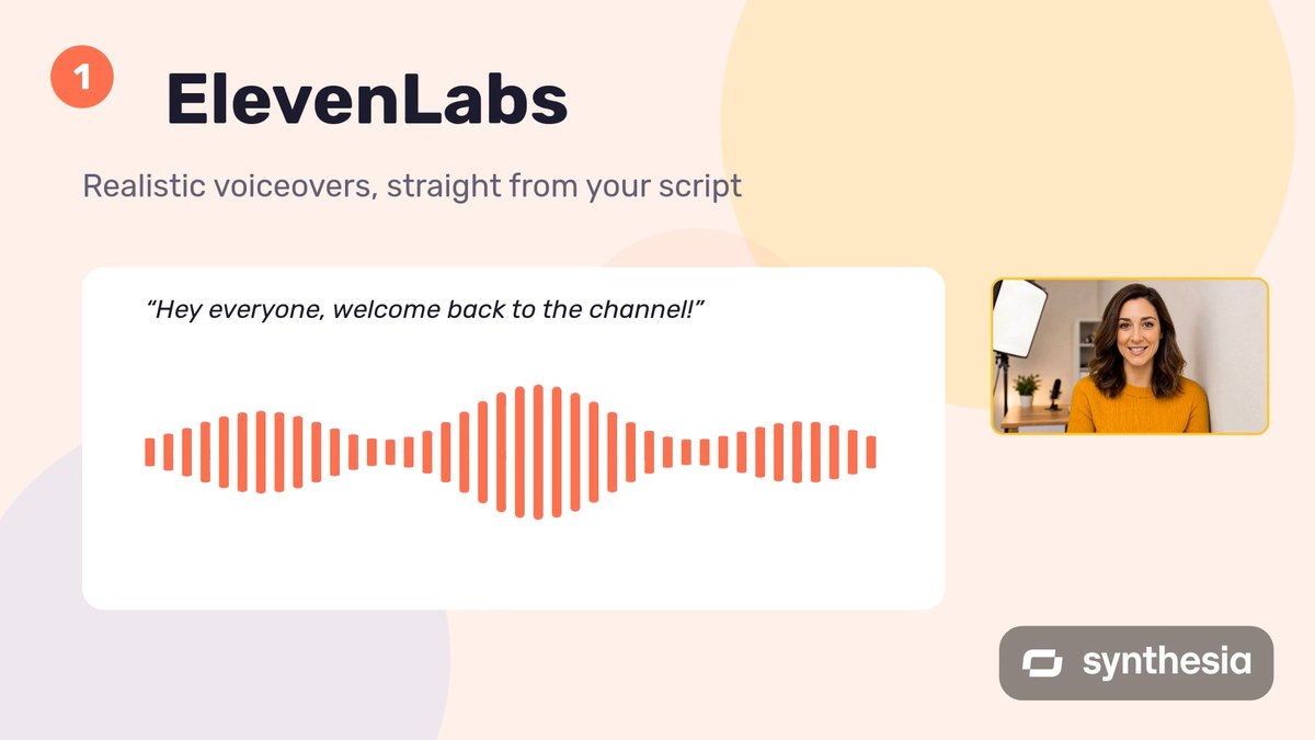 Frame from the Synthesia video: ElevenLabs title, realistic voiceovers subtitle, a quote with a sound wave, the AI avatar Maya in a small frame and a Synthesia watermark in the corner
