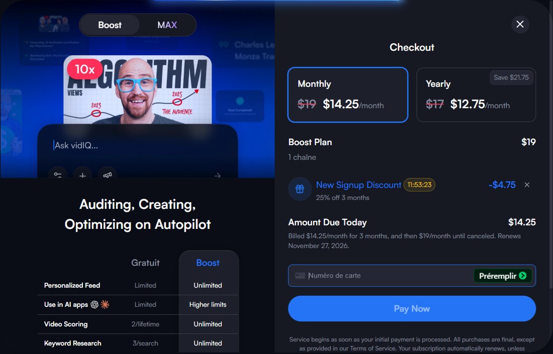 vidIQ checkout showing the Boost plan at 19 dollars a month, 14.25 dollars with a 25 percent signup discount, and a free versus Boost comparison